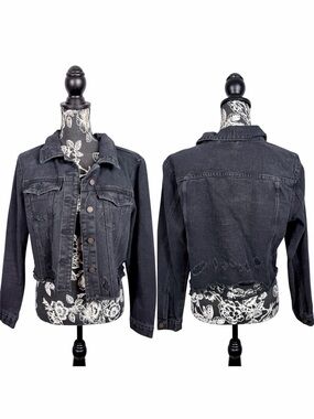 BBJ black distressed raw hem cropped denim jacket size large